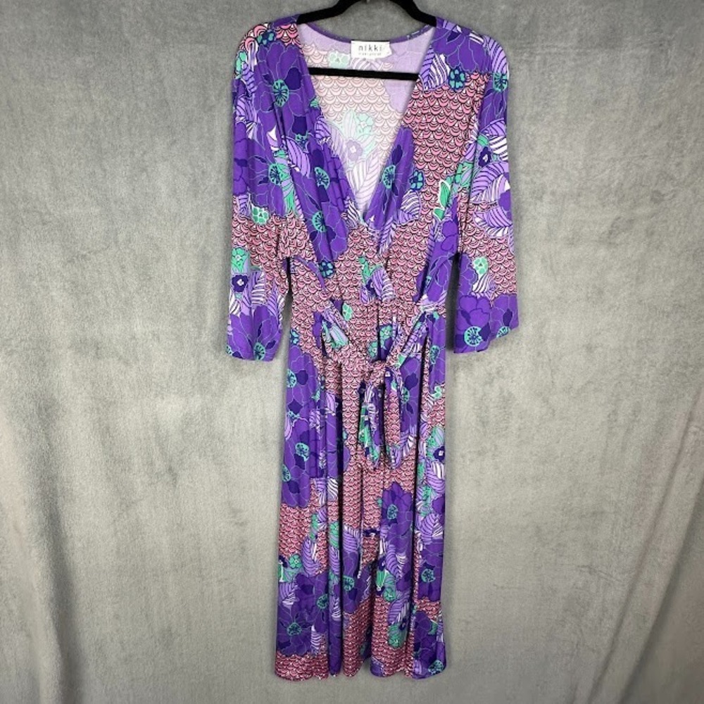 Nikki Poulus Dress Women Extra Large Purple Faux Wrap Midi Stretch Belted Resort